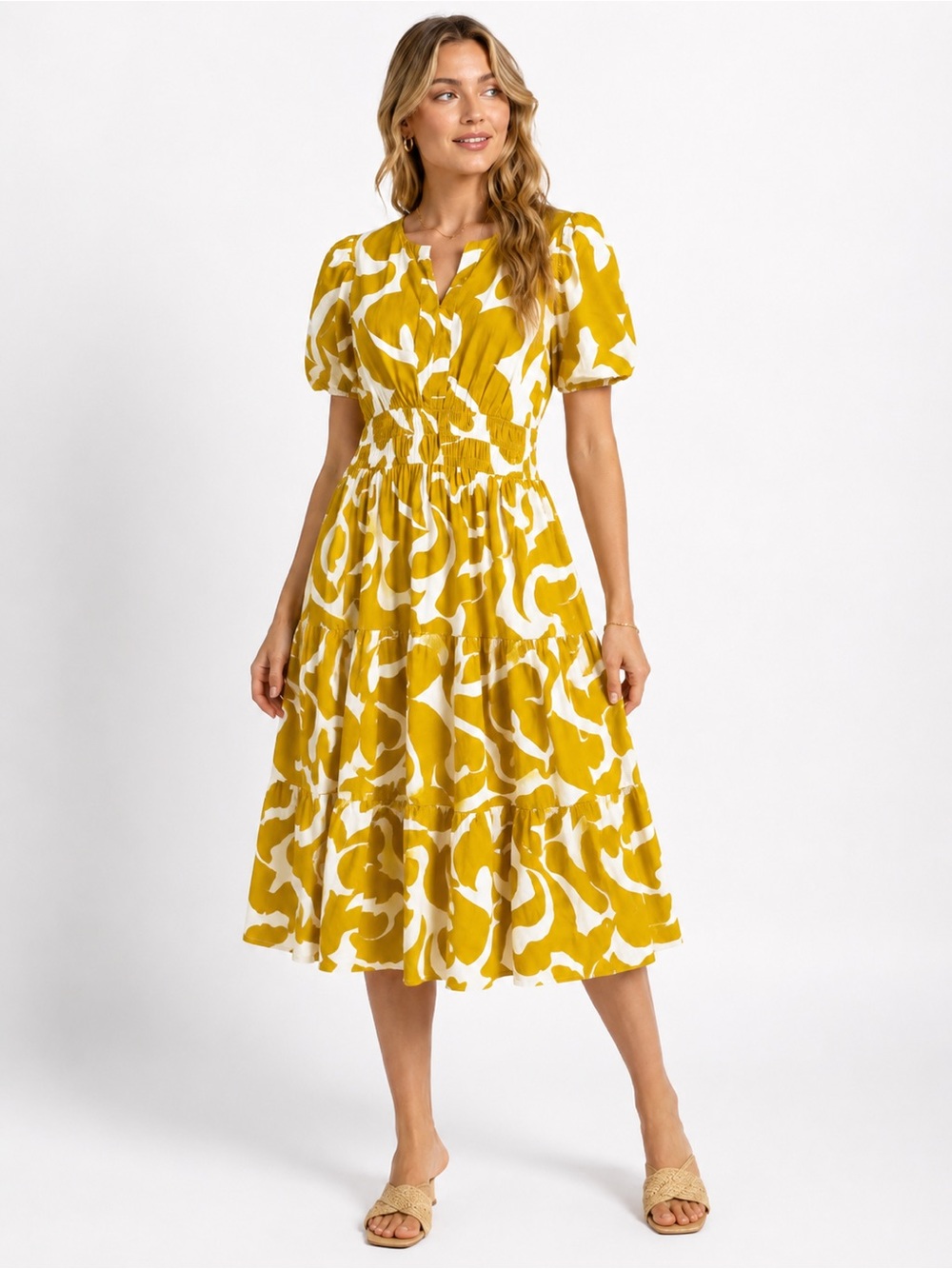 🌺 Meadow Rhodes Abstract Print Smocked Midi Dress